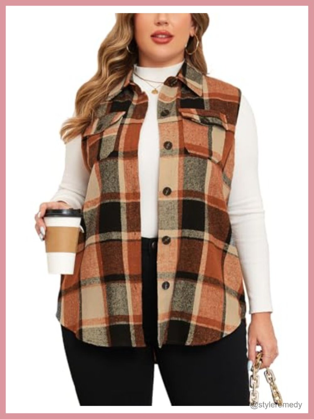 Plus Size Plaid Long Vest Button Down Sleeveless Shacket Polyester